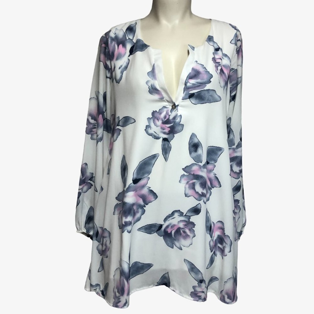 HONEY Belle Off White Floral Long Sleeve Flowy V Neck Top Size Large